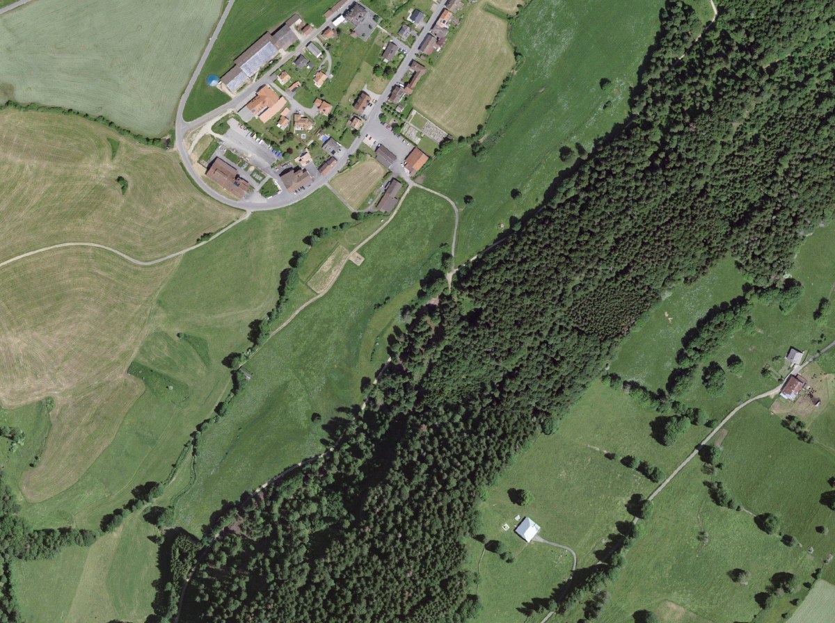 Vue aérienne de Vaulion (VD) : lisière de forêt et parcelles agricoles.