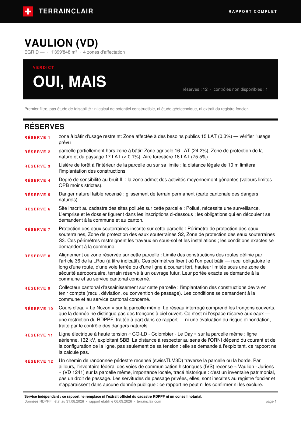Page 1 d'un rapport TerrainClair, décrite dans la légende ci-dessous.